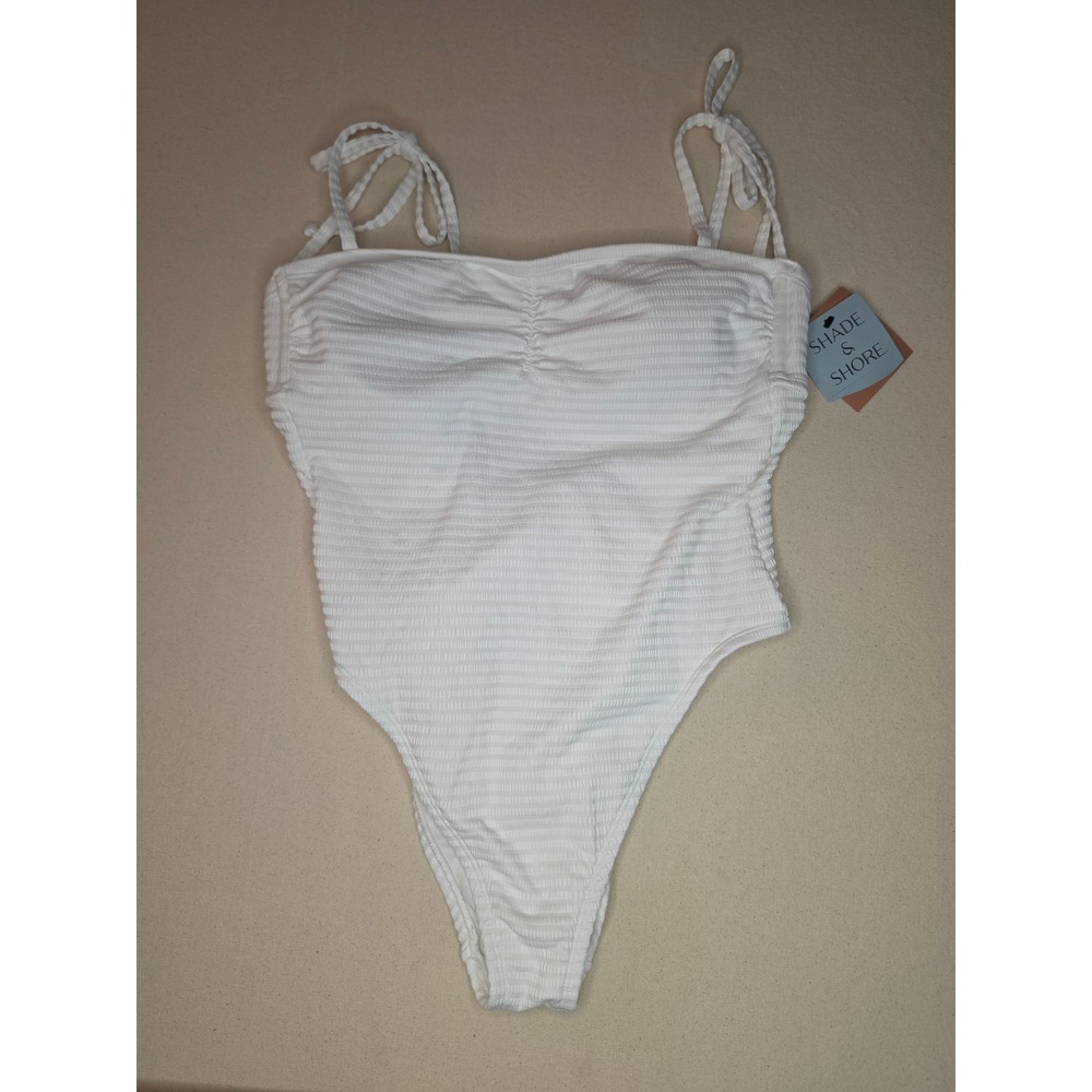 Shade & Shore Seersucker Bandeau One Piece Swimsuit White Medium NWT
